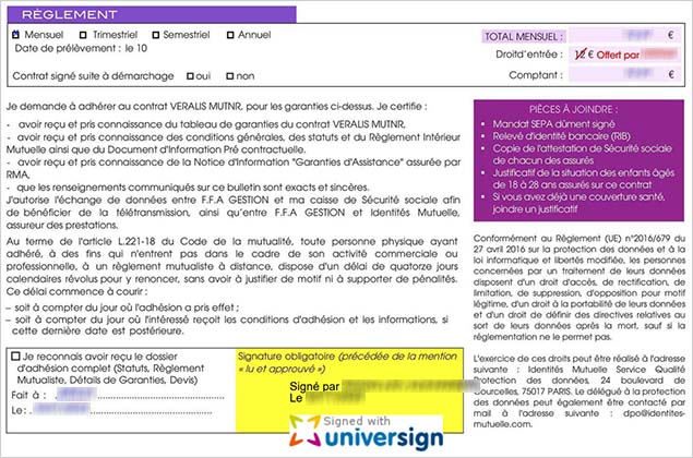 Aperçu d’un contrat santé signé électroniquement