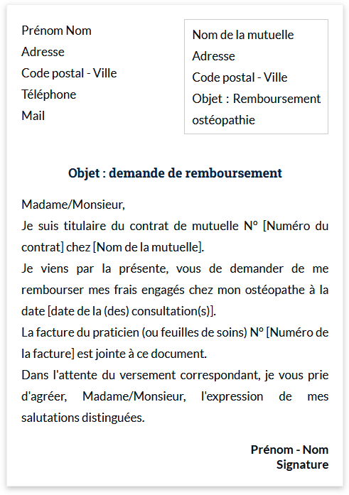 demande remboursement ostéopathe par lettre